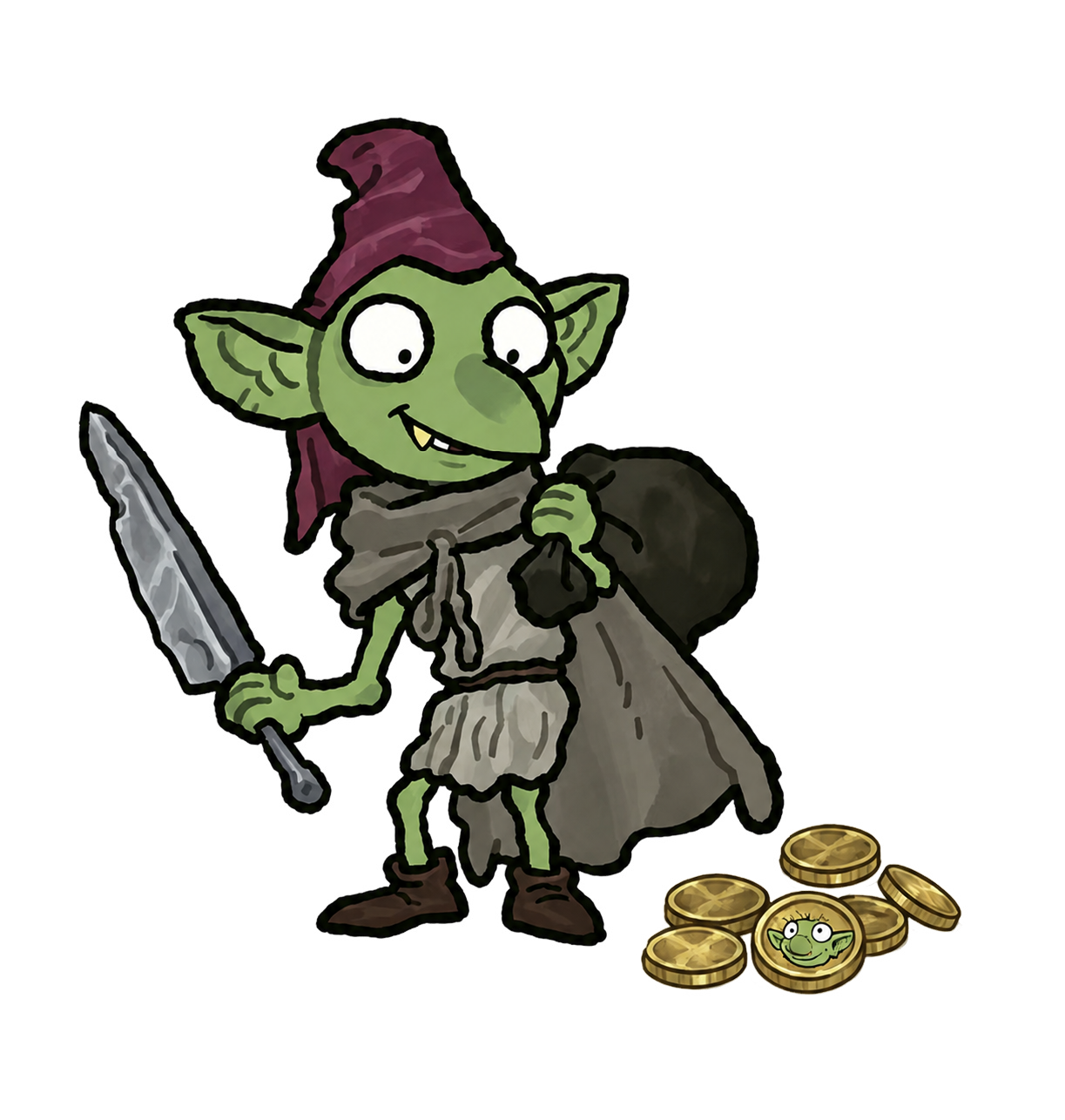 A GRYMO goblin carrying a sword and a bag of coins